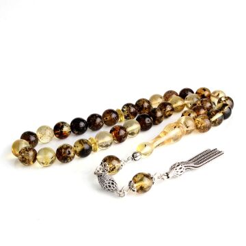 8,5 mm Fosilli Damla Kehribar Tesbih 925 Ayar Gümüş Püsküllü