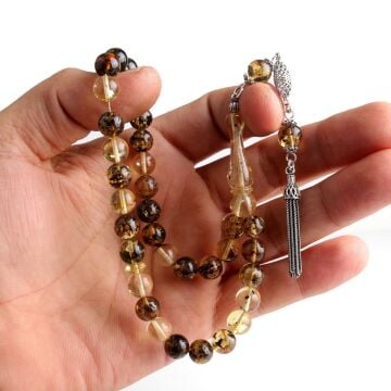 8,5 mm Fosilli Damla Kehribar Tesbih 925 Ayar Gümüş Püsküllü