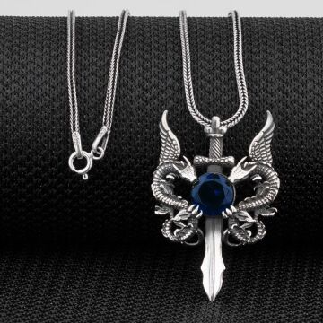 Çift Ejderha  Tasarımlı Hançer Detaylı Mavi Zirkon Taşlı 925 Ayar Gümüş Kolye