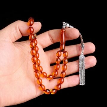 925 Ayar Gümüş Kral Püsküllü Arpa Kesim Damla Kehribar Tesbih