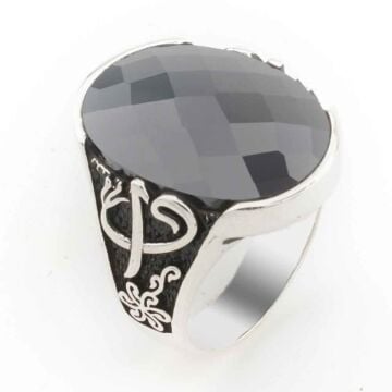 Siyah Zirkon Taşlı Elif Vav Detaylı  Gümüş Erkek Yüzük