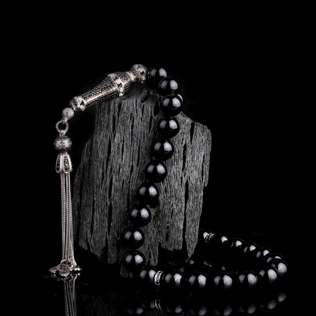 925 Ayar Gümüş Küre Kesim Siyah Zirkon Taşlı Ateş Kehribar Tesbih