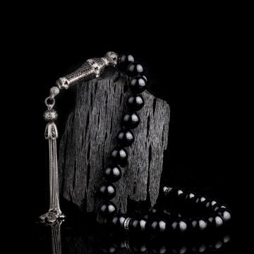 925 Ayar Gümüş Küre Kesim Siyah Zirkon Taşlı Ateş Kehribar Tesbih