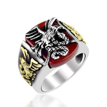 925 Ayar Gümüş Akik Taşlı Kartal Motifli Yüzük