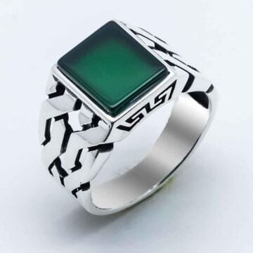 925 Ayar Gümüş Yeşil Akik Taşlı Erkek Yüzük