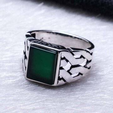 925 Ayar Gümüş Yeşil Akik Taşlı Erkek Yüzük