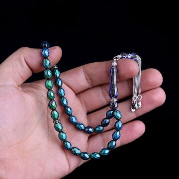 925 Ayar Gümüş Mine Püsküllü Renk Değiştiren Arpa Kesim His Taşı Tesbih