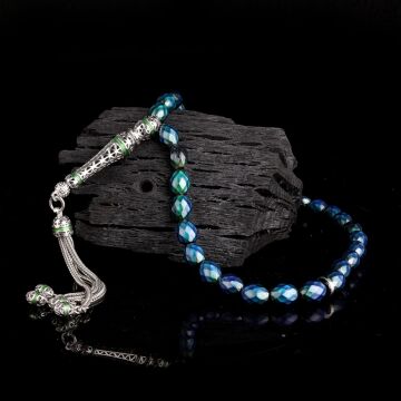 925 Ayar Gümüş Mine Püsküllü Renk Değiştiren Arpa Kesim His Taşı Tesbih