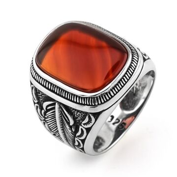 Kırmızı Akik Taşlı Desenli 925 Ayar Gümüş Erkek Yüzük