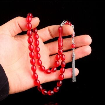 925 Ayar Gümüş Mineli Püsküllü Kırmızı Renk Ateş Kehribar Tesbih