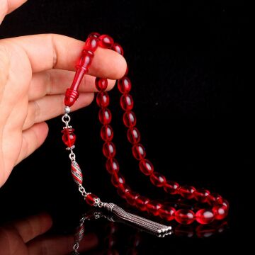 925 Ayar Gümüş Mineli Püsküllü Kırmızı Renk Ateş Kehribar Tesbih
