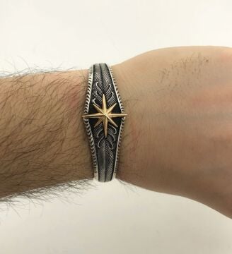 Ayarlanabilir 925 Ayar Gümüş Pusula Erkek Kelepçe