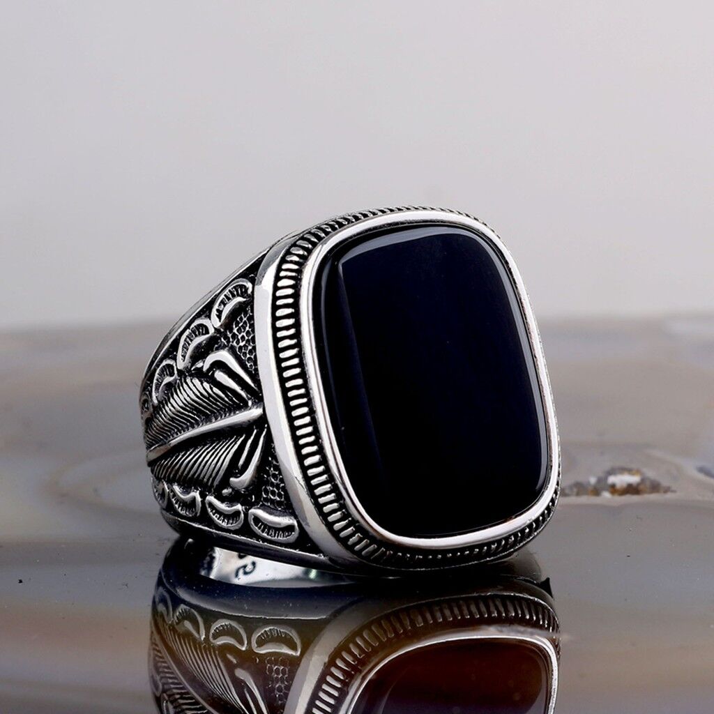 925 Ayar Gümüş Ok Tüyü Model Onix Taşlı Erkek Model Yüzük