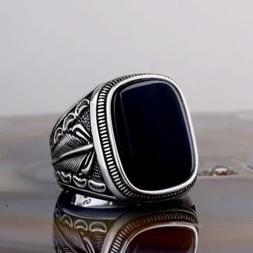 925 Ayar Gümüş Ok Tüyü Model Onix Taşlı Erkek Model Yüzük