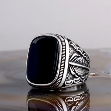 925 Ayar Gümüş Ok Tüyü Model Onix Taşlı Erkek Model Yüzük