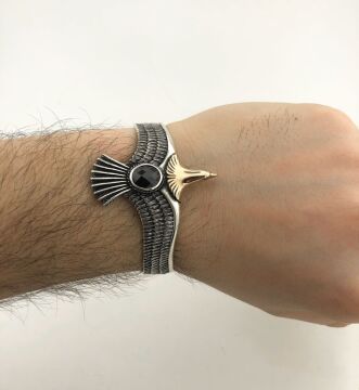 Ayarlanabilir 925 Ayar Gümüş Siyah Taşlı Kartal Erkek Kelepçe