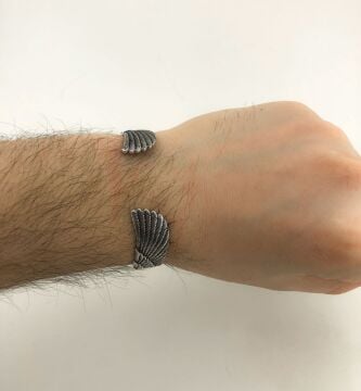 Ayarlanabilir 925 Ayar Gümüş Siyah Taşlı Kartal Erkek Kelepçe