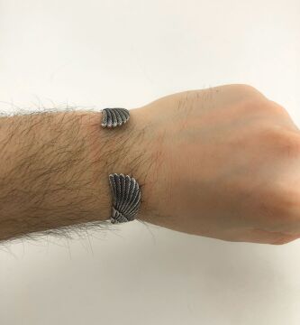 Ayarlanabilir 925 Ayar Gümüş Siyah Taşlı Kartal Erkek Kelepçe