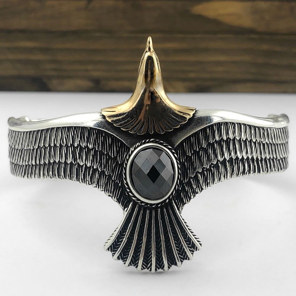 Ayarlanabilir 925 Ayar Gümüş Siyah Taşlı Kartal Erkek Kelepçe