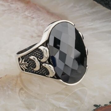 Siyah Zirkon Taşlı 3 hilal  detaylı  Gümüş Erkek Yüzük