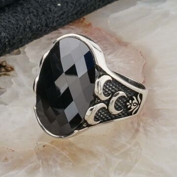 Siyah Zirkon Taşlı 3 hilal  detaylı  Gümüş Erkek Yüzük