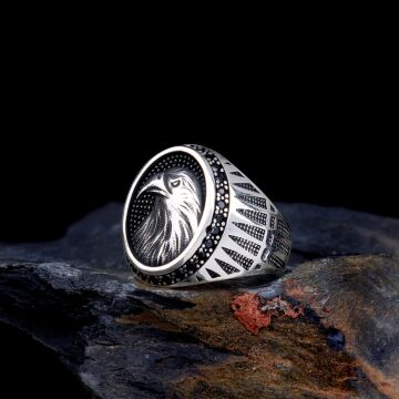 925 Ayar Gümüş Mikro Taşlı Kartal Motifli Erkek Yüzük