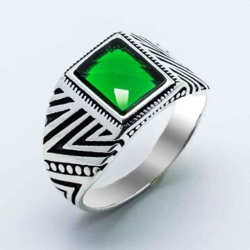 925 Ayar Gümüş Yeşil Zirkon Kare Taşlı Erkek Yüzük