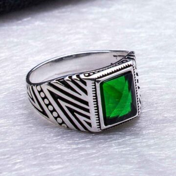 925 Ayar Gümüş Yeşil Zirkon Kare Taşlı Erkek Yüzük
