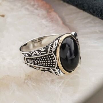 Siyah Oval Oniks Taşlı  Erkek Gümüş Yüzük
