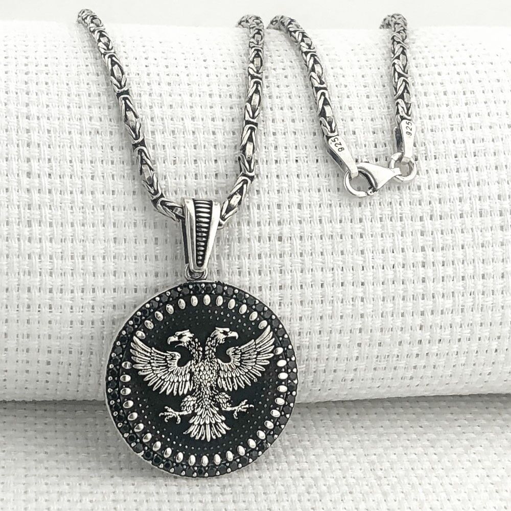 925 Ayar Gümüş Çift Başlı Kartal Kral Zincir Kolye