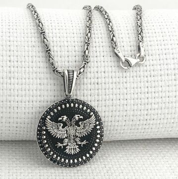 925 Ayar Gümüş Çift Başlı Kartal Kral Zincir Kolye