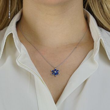 Lacivert Damla Taşlı Lotus Çiçeği Gümüş Kadın Kolye