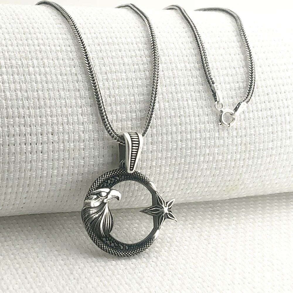 925 Ayar Gümüş Kartal Başlı Ayyıldız Kolye