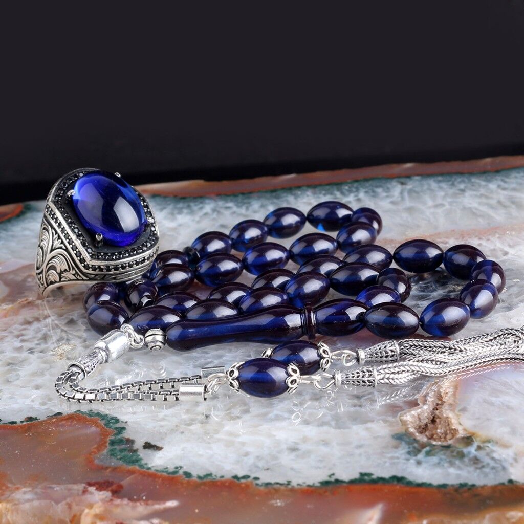 925 Ayar Gümüş Püsküllü Ateş Kehribar Tesbih Yüzük Kombini