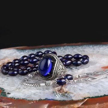 925 Ayar Gümüş Püsküllü Ateş Kehribar Tesbih Yüzük Kombini