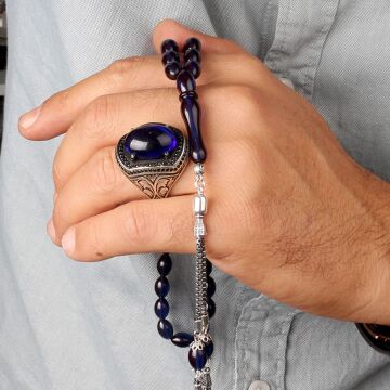 925 Ayar Gümüş Püsküllü Ateş Kehribar Tesbih Yüzük Kombini