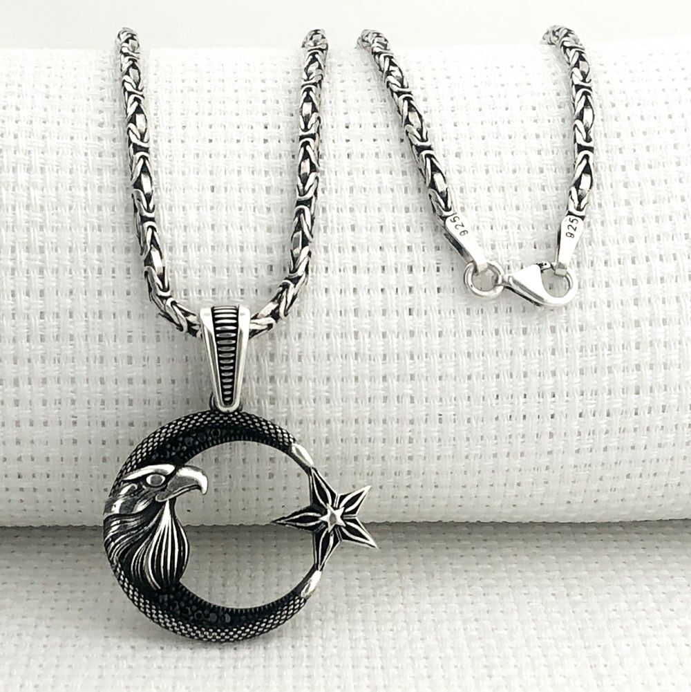 925 Ayar Gümüş Kartal Başlı Ayyıldız Kral Zincir Kolye