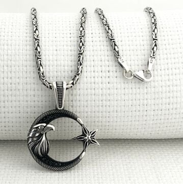 925 Ayar Gümüş Kartal Başlı Ayyıldız Kral Zincir Kolye