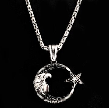 925 Ayar Gümüş Kartal Başlı Ayyıldız Kral Zincir Kolye