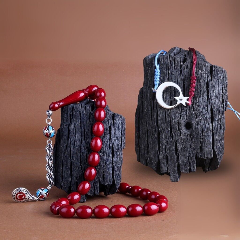 925 Ayar Gümüş Püsküllü Bordo Mavi Ateş Kehribar Ayyıldız Bileklik Kombini