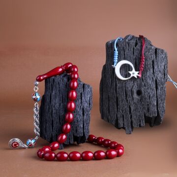 925 Ayar Gümüş Püsküllü Bordo Mavi Ateş Kehribar Ayyıldız Bileklik Kombini