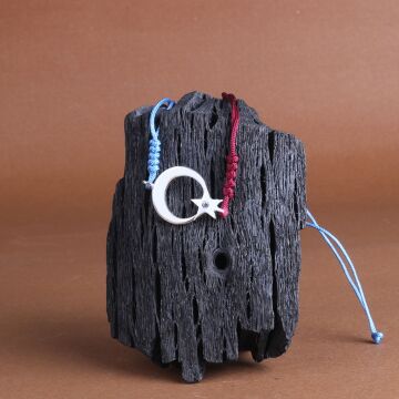 925 Ayar Gümüş Püsküllü Bordo Mavi Ateş Kehribar Ayyıldız Bileklik Kombini