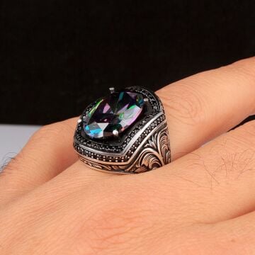 925 AYAR GÜMÜŞ MİSTİK TOPAZ TAŞLI KALEM MOTİFLİ YÜZÜK