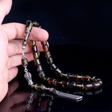 925 Ayar Gümüş Püsküllü Kapsül Kesim Çöp Fosilli Damla Kehribar Tesbih