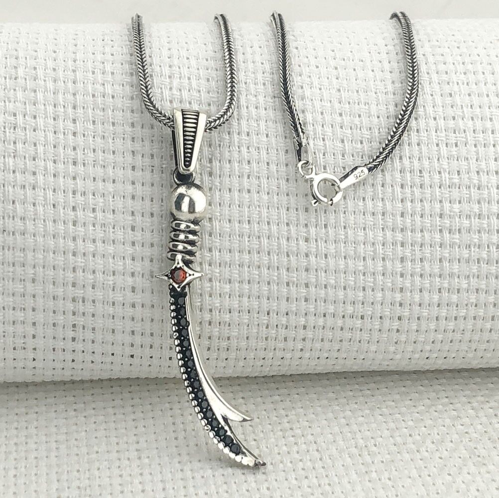 925 Ayar Gümüş Kırmızı Taşlı Zülfikar Kolye