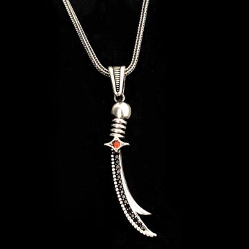 925 Ayar Gümüş Kırmızı Taşlı Zülfikar Kolye