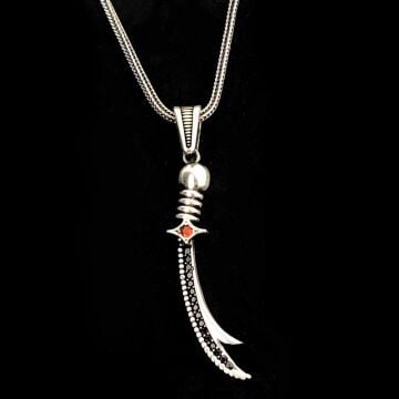 925 Ayar Gümüş Kırmızı Taşlı Zülfikar Kolye