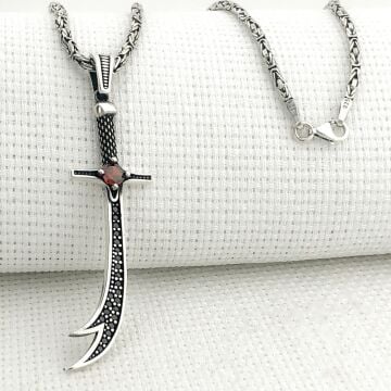 925 Ayar Gümüş Kırmızı Taşlı Zülfikar Kral Zincir Kolye