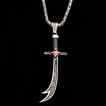 925 Ayar Gümüş Kırmızı Taşlı Zülfikar Kral Zincir Kolye