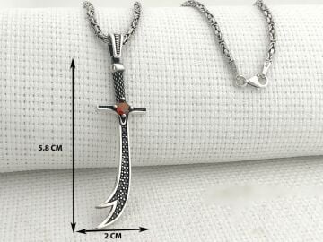 925 Ayar Gümüş Kırmızı Taşlı Zülfikar Kral Zincir Kolye